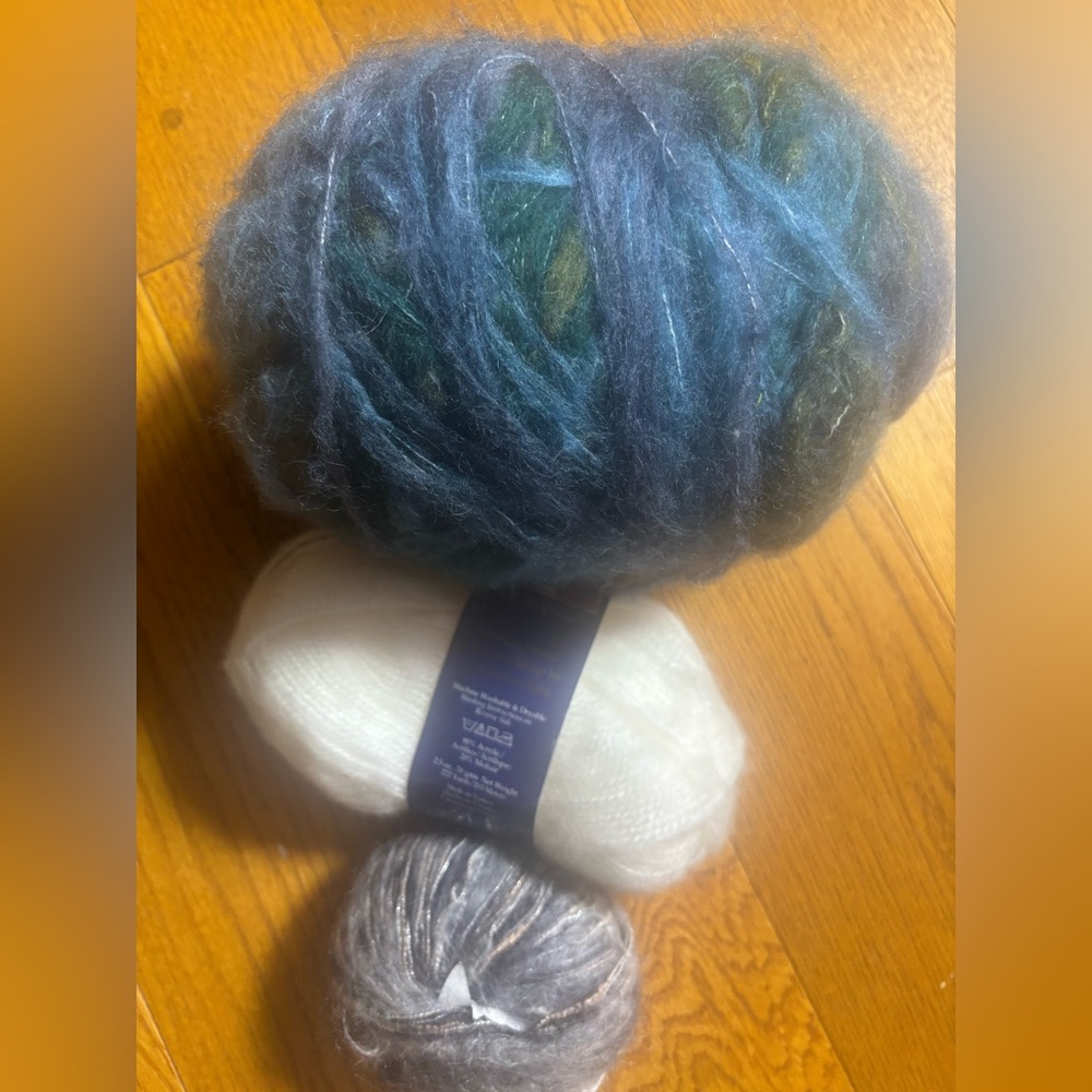 Mohair - blends Three Skeins of Mixed Fiber Yarn - Blue, White, Gray